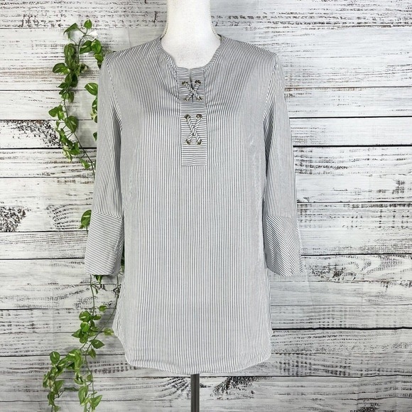 Jones New York Tunic Blouse sz Small Black White Striped Sailor Nautical Cruise - Picture 1 of 12